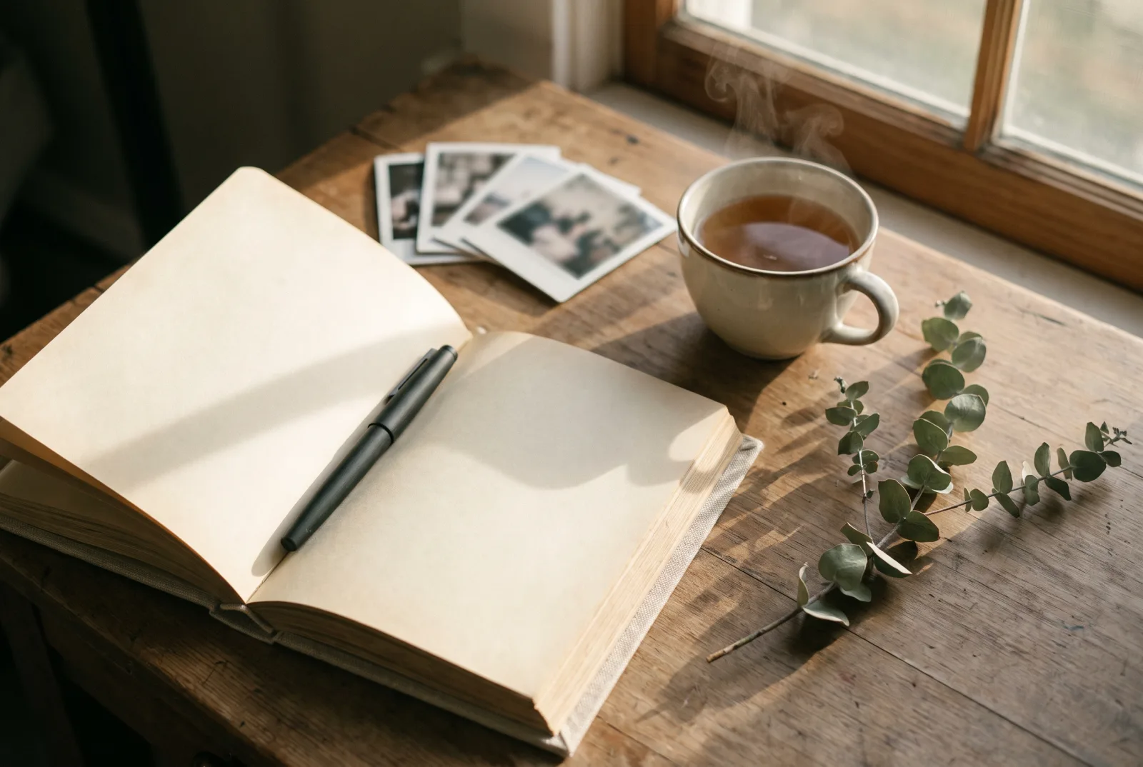 A journal, photographs, and tea on a writing desk